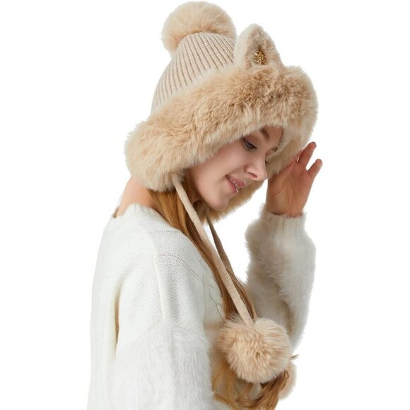 Women Beige Solid Winter Peruvian Cover Ears Beanie Hat Ear Flaps Sherp Ski Snow main image 7